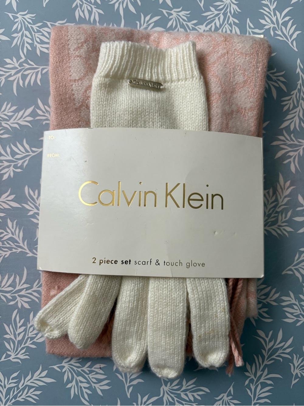Calvin Klein Women's Pink Scarf & White Touch Gloves Set